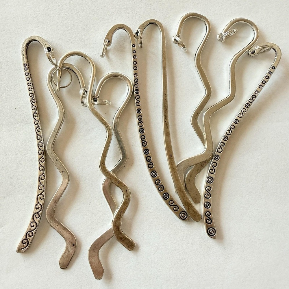 Antique Silver Tone Wavy & Shepherd's Crook Bookmark Blanks Set Of 9